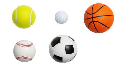 Obraz premium A collection of various sports balls including a tennis ball, a baseball, a basketball, and a soccer ball. isolated on transparent background
