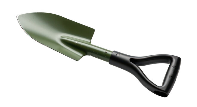 A close-up view of a gardening shovel with a black handle and a green head isolated on transparent background