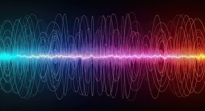 Dynamic abstract technological background featuring repeating oscillating lines and sine wave patterns indicating data transmission or sound signals, wallpaper, energy, communication