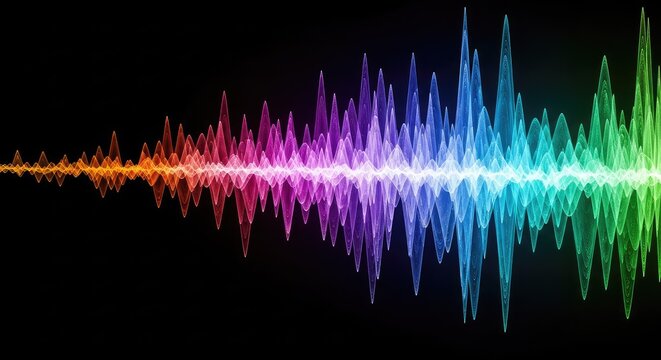 Dynamic geometric waves representing unseen data flow and rhythmic energy. Abstract visualization of complex digital frequency patterns and oscillation, temporal, electric, modulation