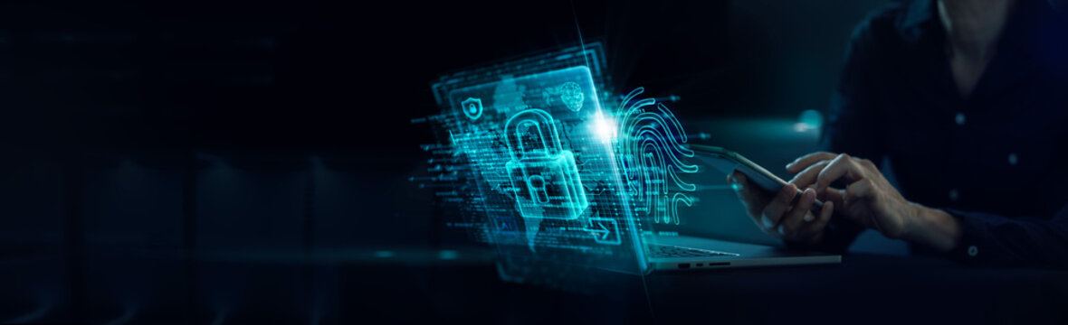 Concept of cyber security, Information security and encryption, Biometric identification and fingerprint scanning unlock and access to business data network and secure personal information.