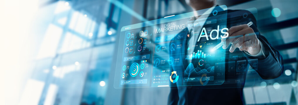 Digital marketing, Businessmen analytics and research of data for commerce online sale, Promotion of products or services through digital, Advertising campaigns, Consumer behavior and social media.