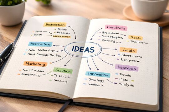 Close-up of open notebook showing clear handwritten mind map ideas with colorful categories, natural light, creative planning and organization concept.