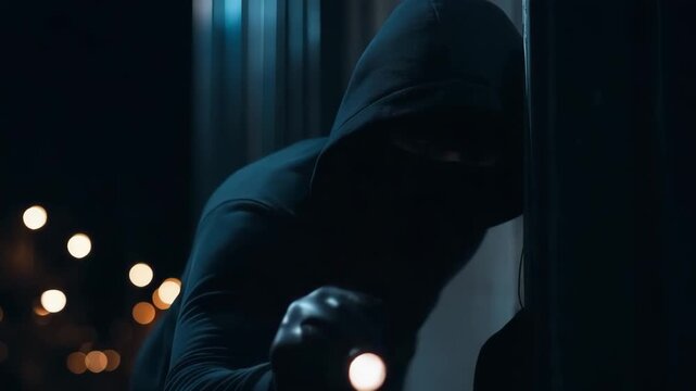 A mysterious figure in a dark hooded outfit exploring a building at night. The person is holding a flashlight, which is casting light on the scene