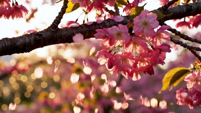 Pink cherry blossom flowers blooming with sunlight background