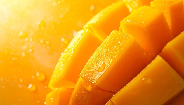 Fresh diced mango fruit on wooden table in tropical garden with bright sunset light