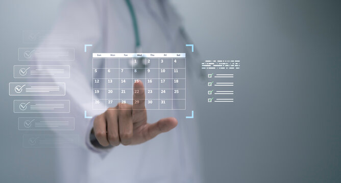 Doctor hand touching digital calendar interface with checklist for appointment scheduling healthcare management AI system telemedicine planning patient care workflow hospital technology concept