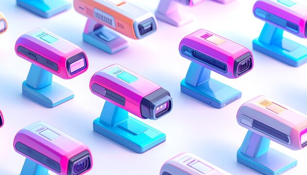 Pink and blue barcode scanners on white surface with soft shadows in isometric style