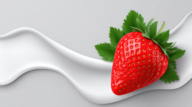 A vibrant red strawberry with green leaves rests elegantly on a swirling bed of creamy white yogurt against a soft gray background, creating a delicious scene.