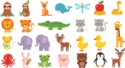 Adorable Animal Collection with Sloth, Elephant, Lion, Giraffe, Frog, and More in Fun Cartoon Style © Sohel