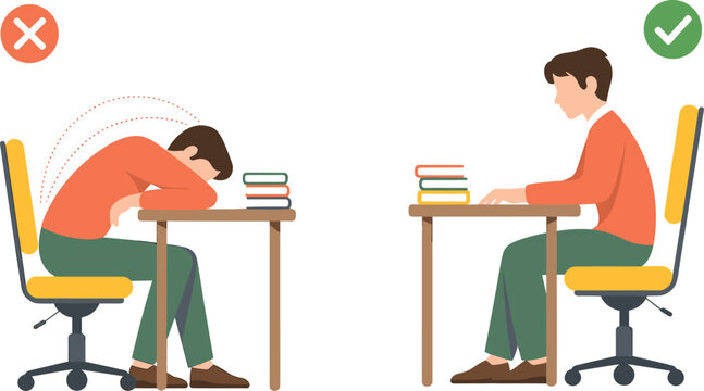 Correct and incorrect sitting posture ergonomics diagram showing proper back support and slouching positions for office health wellness.