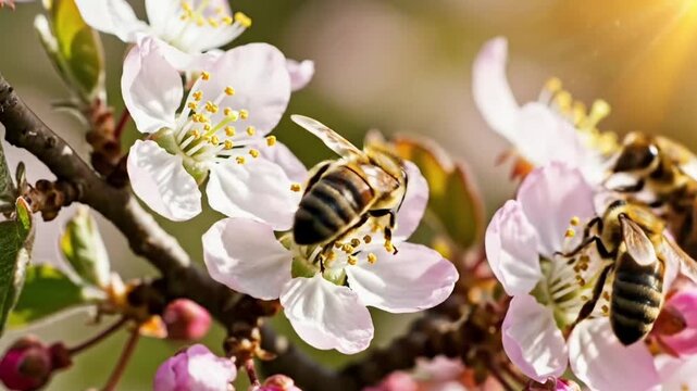 Bee pollination on spring blossom flowers in natural garden sunlight showing ecological balance and biodiversity importance for world bee day awareness campaign and organic farming concept