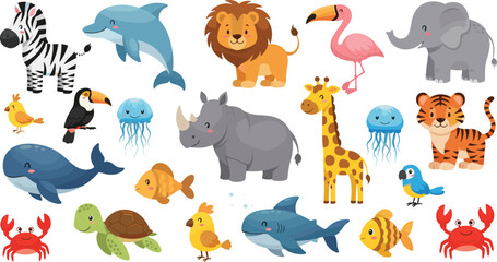 Fototapeta premium Diverse Animal Collection with Lion, Zebra, Giraffe, Shark, Dolphin, and More in Fun Cartoon Style
