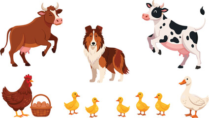 Fototapeta premium Farm Animal Collection with Cow, Chicken, Ducklings, Dog, and More in Fun Cartoon Style