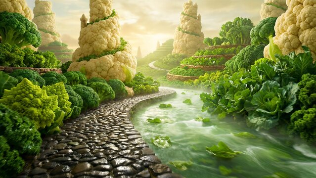 A surreal fantasy landscape featuring towering cauliflower structures beside a winding cobblestone path bordered by vibrant broccoli and lush green vegetables.
