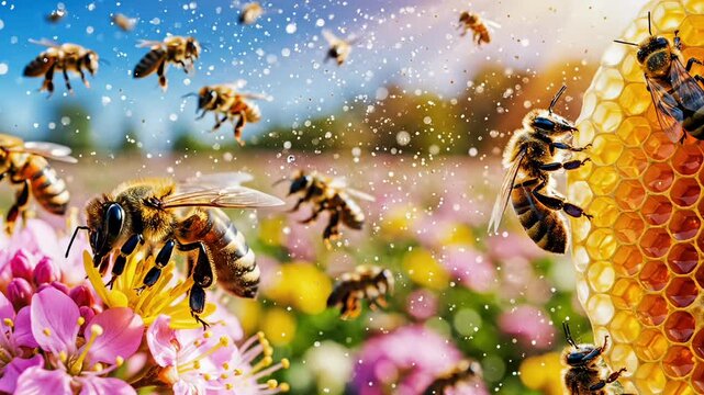 Bees pollination with honeycomb and colorful flowers in garden scene for World Bee Day awareness showing biodiversity ecosystem balance and importance of nature conservation