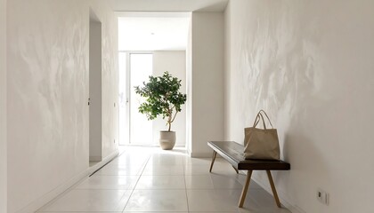 Fototapeta premium Minimal living space with low bench cushions and plant by window in soft sunlight with copy space