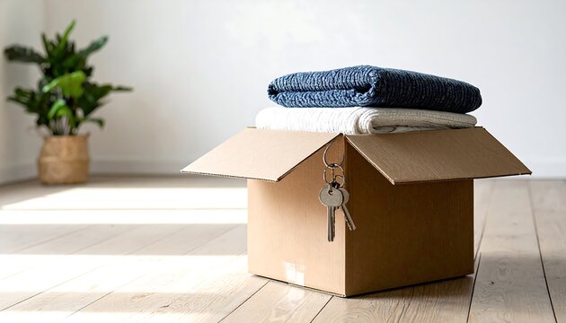 Cardboard box with house keys on folded blanket inside empty room, commercial template for relocation services, real estate mortgage, or property moving concept