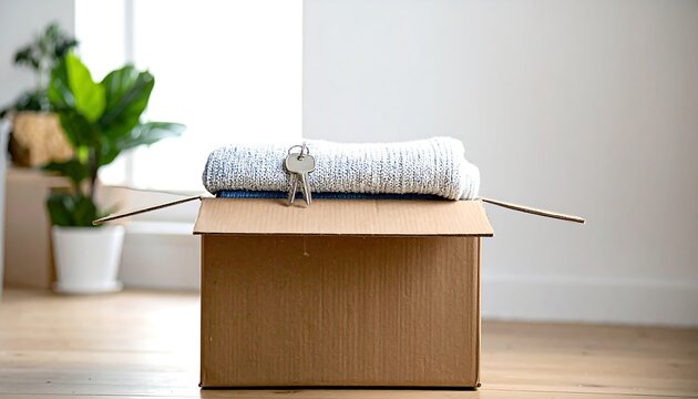 Cardboard box with house keys on folded blanket inside empty room, commercial template for relocation services, real estate mortgage, or property moving concept