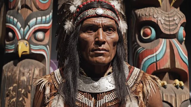 Detailed wax figure of a Native American man wearing traditional feathered headdress against carved totem poles for indigenous culture concept and historical representation