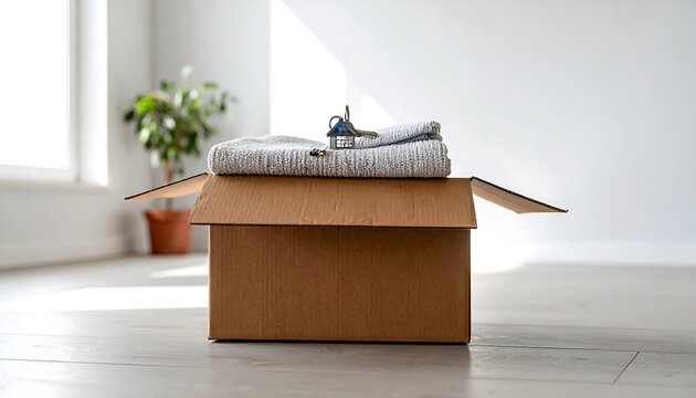 Cardboard box with house keys on folded blanket inside empty room, commercial template for relocation services, real estate mortgage, or property moving concept