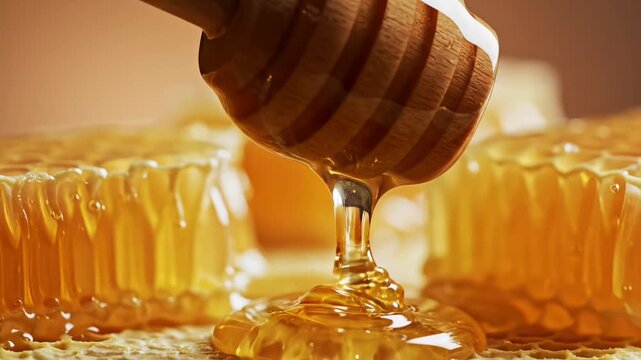 Honey dripping from wooden dipper over fresh honeycomb for World Bee Day showing golden natural sweetness and organic food concept highlighting pollination ecosystem and healthy living