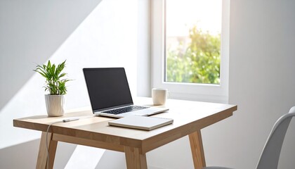 Fototapeta premium Minimal workspace with laptop notebook and plant on wooden desk in natural window light with copy space