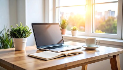 Fototapeta premium Minimal workspace with laptop, coffee and sunlight, remote work and productivity concept