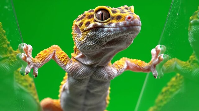 Close-Up Detailed of a Colorful Leopard Gecko Lizard with Big Eyes Climbing Transparent