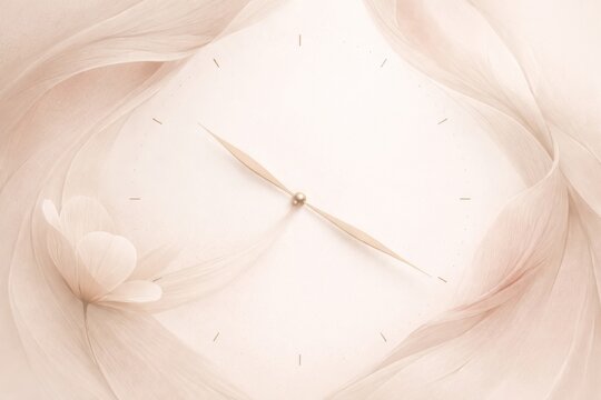 Minimal pastel clock face framed by soft, translucent petals creates a romantic, feminine composition that suggests slow aging, self care rituals and mindful time management.