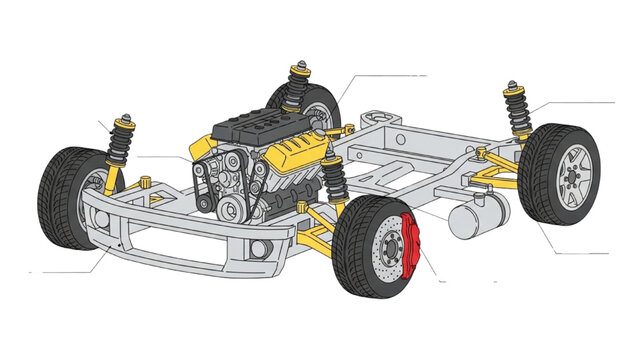 A detailed illustration of a car chassis with engine and wheels in a neutral environment from a side viewpoint