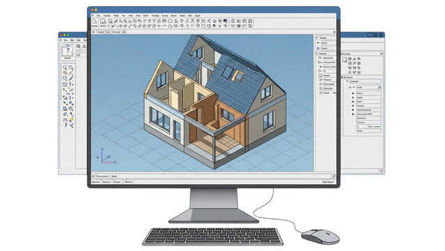 A computer monitor displays a 3D architectural illustration of a house on a software interface with a keyboard and mouse.