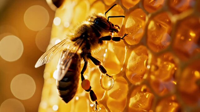 Bee honeycomb macro scene for World Bee Day showing worker insect collecting nectar on golden hive surface highlighting pollination ecosystem balance and natural agriculture importance