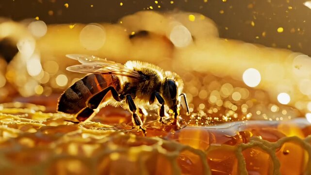 Bee macro on golden honey surface for World Bee Day showing worker insect collecting nectar in glowing environment highlighting pollination process ecosystem balance and natural food production