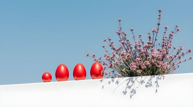 Minimal Greek Easter Decoration with Red Eggs and Flowers in Santorini