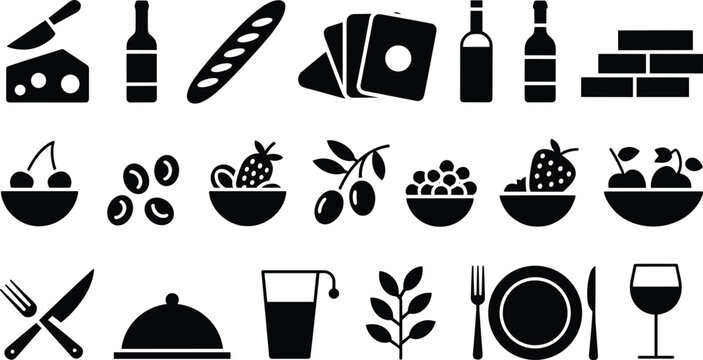 Food dining icons, wine bottle, cheese knife, baguette bread, fruit bowl, olive branch, grapes, strawberries, cherries, culinary silhouette design