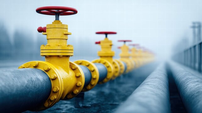 Industrial pipeline with yellow valves and red handles in a foggy environment.