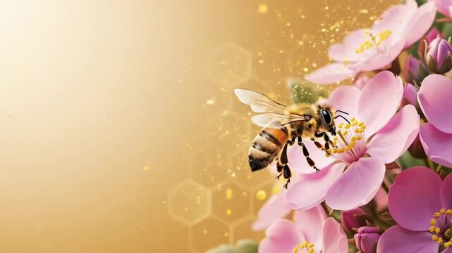 Bee flying near pink blossom flowers in soft sunlight background representing pollination beauty and ecological harmony for world bee day campaign nature conservation and organic lifestyle concept