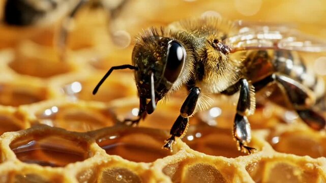 Bee macro on honeycomb surface with golden nectar texture highlighting natural pollination process and ecological importance for world bee day awareness campaign and organic food concept