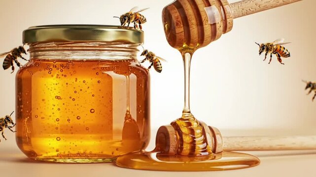 Honey jar with wooden dipper and flying bees showcasing natural sweetness and organic food concept for world bee day celebration awareness campaign and sustainable agriculture promotion