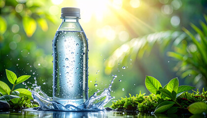 A clear water bottle with condensation sits amidst a splash of water in a lush green forest with sun rays and bokeh background © Rich Ryns