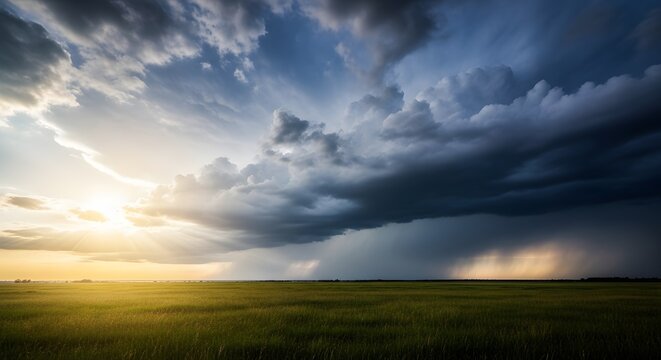 Massive dark storm clouds gather over a golden grassy field as sunlight breaks through the left horizon.