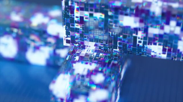 Abstract animation of a digital structure made of glowing cubic elements, representing concepts like blockchain technology, data processing, cryptocurrency, and future network systems