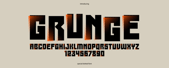 Halftone dotted futuristic cyberpunk font for logos and posters, vector brutal industrial typeface alphabet letters and numbers, urban technic future typography. © Sylverarts