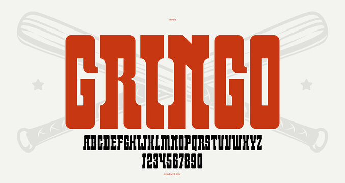 Massive serif font in American style, wild west saloon and western vector typography for logo creation, bold typeface in vintage America style, display font for posters and headlines.