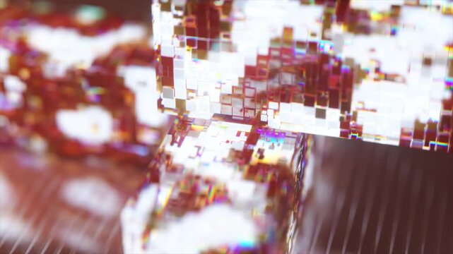 Futuristic abstract concept of data blocks connecting, creating a complex structure with iridescent and refractive surfaces, representing blockchain technology, innovation and network security