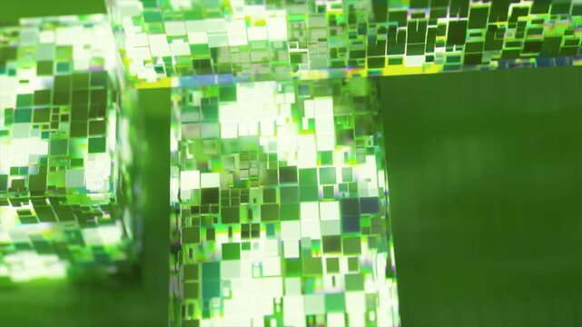 Abstract green geometric shapes composed of glowing square pixels slowly moving and rotating, representing a concept of futuristic data processing, information flow, and high technology