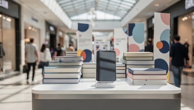 Medium shot of a sleek mobile bookstand with promotional banners in a busy mall walkway focusing on the stalls compact POS device with shoppers softly out of focus.