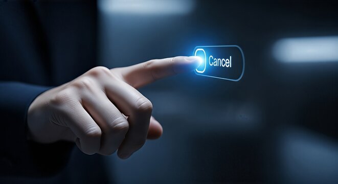 A hand approaching a glowing digital cancel button in a high-tech interface environment.