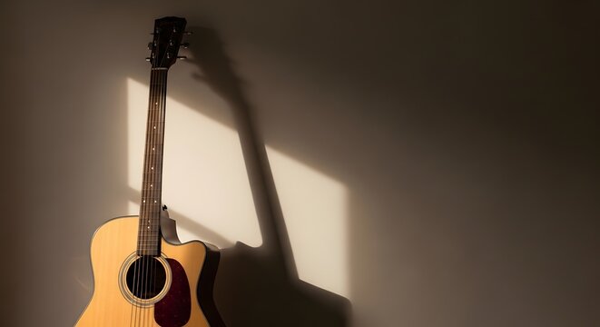 Acoustic guitar leans against a neutral wall, casting a long, dramatic shadow from a harsh sunlight source.